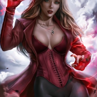 absurdres, avengers, blue eyes, breasts, celebrity, elizabeth olsen, female, female only, fingerless gloves, highres, large breasts, logan cure, marvel, scarlet witch, solo