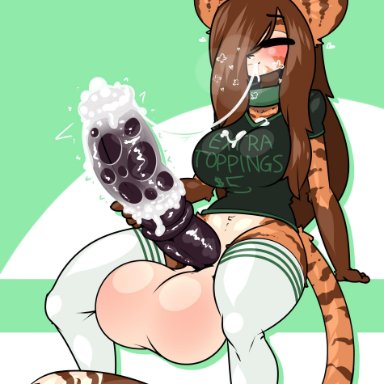 1futa, animal genitalia, anthro, arm support, autofellatio, balls, big balls, big testicles, blush, blushing, breasts, brown hair, cat ears, cleavage, collar