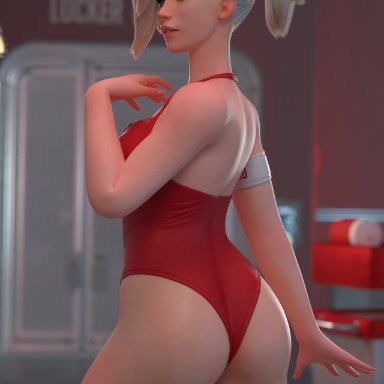 1girls, 3d, ass, blonde hair, blue eyes, breasts, female, female only, looking at viewer, mercy, one-piece swimsuit, overwatch, pinup, solo, swimsuit