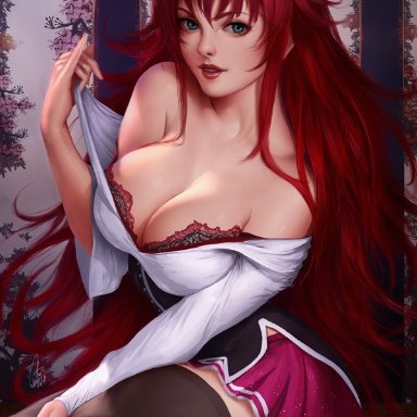 3:4 ratio, belt knees, blue eyes, bra, breasts, cleavage, exposing chest, female, female only, high school dxd, holding shirt, lingerie, lipstick, long hair, looking at viewer