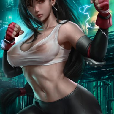 absurdres, earrings, female, female only, final fantasy, final fantasy vii, highres, logan cure, nipples, red eyes, see-through, solo, spats, square enix, sweat