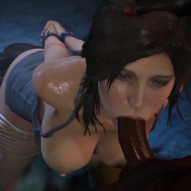 1boy, 1girls, 3d, animated, areolae, arms behind back, balls deep, blowjob, bondage, breasts, brown hair, dark skin, dark-skinned male, deepthroat, erection