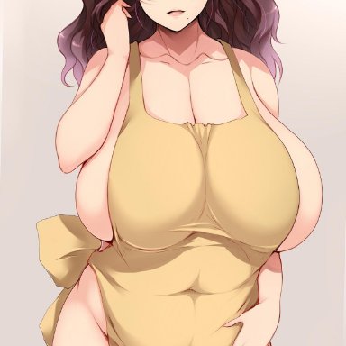 apron, blue eyes, brown hair, curvaceous, curvy, female, gegege no kitaro, hadaka apron, huge breasts, human, inuyama junko, large breasts, long hair, looking at viewer, mature