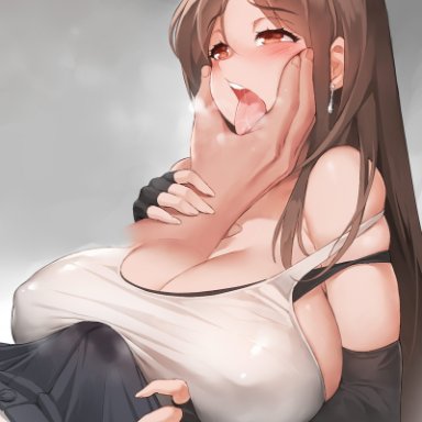 bangs, bare shoulders, black gloves, blush, breasts, brown eyes, brown hair, cleavage, earrings, elbow gloves, erection, erection under clothes, female, final fantasy, final fantasy vii