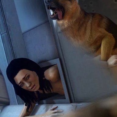 1animal, 1boy, 1girls, 3d, animated, canine, darktronicksfm, dog, female, female on feral, from behind, male, mass effect, miranda lawson, no sound