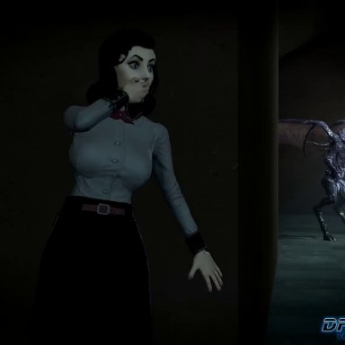 1girl, 2monsters, 3d, ah muzen cab, ahe gao, animated, arm grab, arms behind back, bioshock, bioshock infinite, black hair, blue eyes, boots, breasts, clothed sex