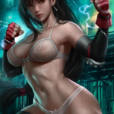 absurdres, bra, female, female only, final fantasy, final fantasy vii, highres, lingerie, logan cure, nipples, panties, red eyes, see-through, solo, square enix