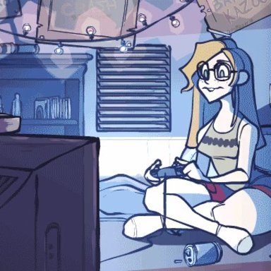 animated, blonde hair, boob shake, breast expansion, female, female only, gamer, glasses, nerd, sitting, solo female, tagme, tail-blazer, tv