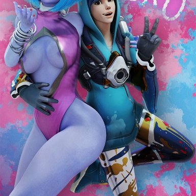 2girls, 3d, alternate costume, areolae, breasts, cote d'azur widowmaker, discko, DisckoA, female, female only, graffiti tracer, looking at viewer, nipples, overwatch, solo
