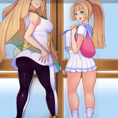 2girls, aether foundation, alternate breast size, alternate outfit, ass, bare shoulders, big ass, big breasts, blonde hair, breasts, clothed, clothes, dress, eye contact, eyelashes