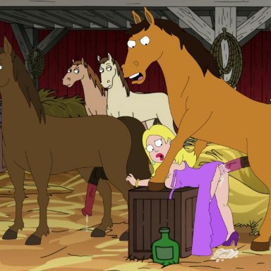 american dad, anal, animal genitalia, animal penis, ass, balls, barn, being watched, blonde hair, brown fur, clothing, cum, cum inside, dress, ear piercing