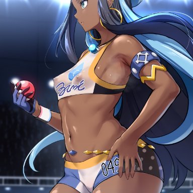 1girls, abs, ambiguous gender, areolae, armpits, ass, audience, bare shoulders, being watched, belly, black hair, blue eyes, blue hair, breasts, clothed