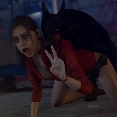 1animal, 1girls, 3d, ahe gao, animated, cerberus (resident evil), claire redfield, darktronicksfm, doggy style, female on feral, feral, fucked silly, grunting, mounting, peace symbol
