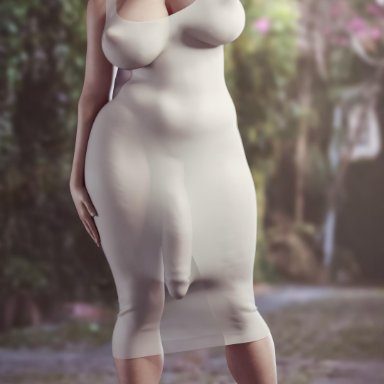 1futa, 3d, aurora, breasts, bulge, dickgirl, dress, flaccid, futa only, futanari, huge cock, large breasts, nipples, penis, see-through