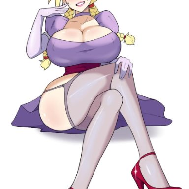 bimbo, blonde hair, blue eyes, blush, braids, breasts, cleavage, cloud strife, dress, elbow gloves, female, feminization, final fantasy, final fantasy vii, garter belt