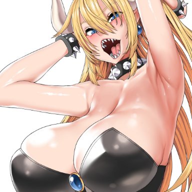 :d, absurdres, armpits, arms behind head, bimbo, blonde hair, blush, bowser, bowsette, bracelet, breasts, cleavage, crown, earrings, eyebrows visible through hair