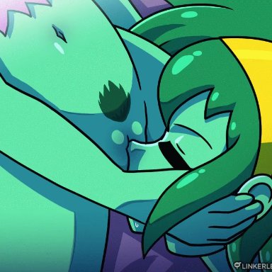 1girls, animated, cunnilingus, female, female only, genius, green hair, green pubic hair, green skin, hair, licking, linkerluis, monster, oral, prodigy