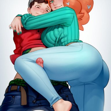 1boy, 1girls, absurdres, age difference, alternate breast size, aqua nails, arms around neck, ass, barefoot, beanie, belt, big ass, big breasts, blush, breasts