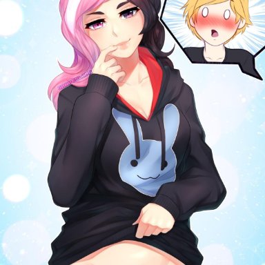 big breasts, blonde hair, blue eyes, blush, bottomless, flashing, grapesliime, heterochromia, hoodie, jaune arc, multicolored hair, neo (rwby), no panties, pubic hair, pussy