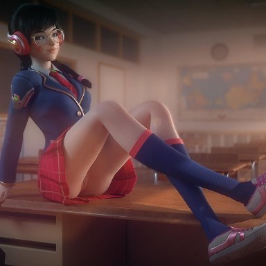 1girls, 3d, academy d.va, alternate costume, autodesk maya, d.va, female, female only, looking at viewer, overwatch, pussy, solo, vgerotica