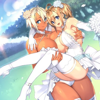 2girls, big breasts, bouquet, breasts, bridal gauntlets, bride, cleavage, dark skin, dark-skinned female, female, female only, large breasts, looking at viewer, panties, real xxiii