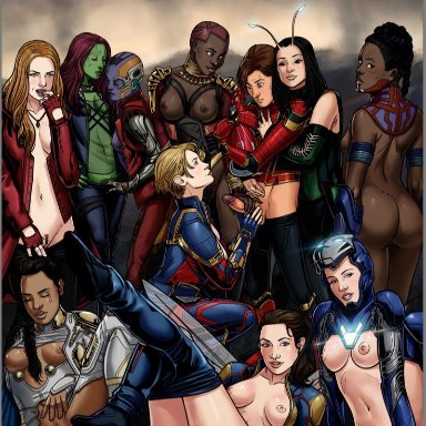 10girls, 1boy, 6+girls, alien, alien girl, anus, areola, areolae, asgardian, ass, avengers, avengers: endgame, back view, bald, black hair