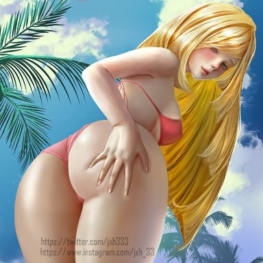 1girls, aether foundation, alternate breast size, ass, back, bent over, big ass, big breasts, bikini, blonde hair, blue background, blush, breasts, clothed, clothing