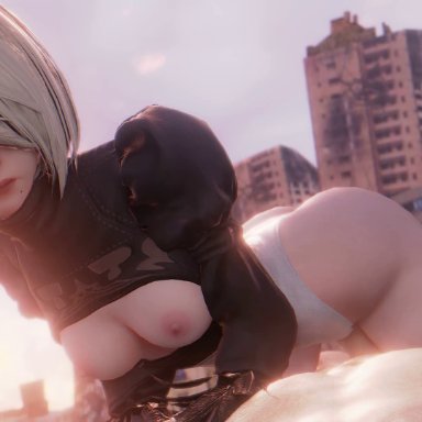 1boy, 1girls, 3d, animated, areolae, blender, bouncing breasts, breasts, cowgirl position, erection, female, lazyprocrastinator, looking at viewer, male, nier