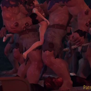 1girls, 3d, 7boys, 7monsters, animated, asphyxiation, brutal, cave, cavern, choking, cum out mouth, darklust, death by penis, double penetration, gangbang