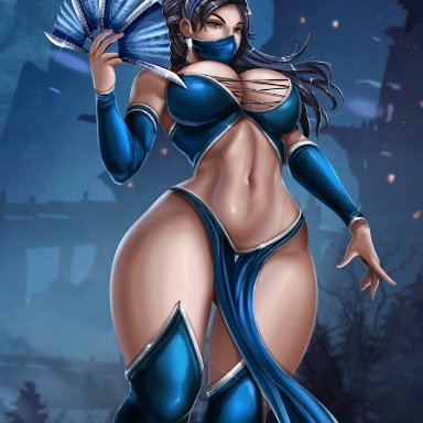 1girls, abs, big breasts, breasts, cleavage, female, female only, flowerxl, kitana, large breasts, looking at viewer, mortal kombat, pinup, solo, thick thighs