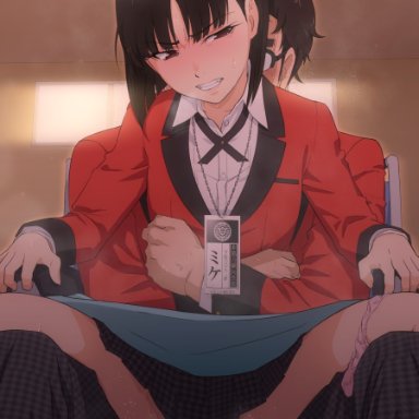 1boy, 1girls, ass, black hair, black skirt, blush, bottomless, brown eyes, brown hair, censored, clenched teeth, clothed, faceless male, female, glasses