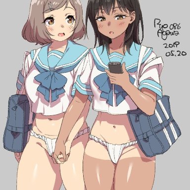 2girls, female, fundoshi, holding hands, ryo agawa, school uniform, smartphone, tan, tanline, tanlines, yuri