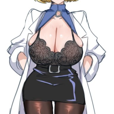 artist request, beauty mark, big breasts, blonde hair, blush, bra, earrings, green eyes, lab-coat, looking at viewer, neon genesis evangelion, ritsuko akagi, short hair, short skirt, skirt