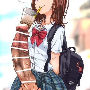 arms behind back, backpack, balls, balls in panties, bar censor, big penis, bow, brown hair, bubble tea, censored, dickgirl, drinking, exposed penis, futa only, futanari