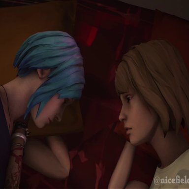 2girls, 3d, animated, bed, blue hair, brown hair, chloe price, dyed hair, female, female only, french kiss, kissing, life is strange, max caulfield, nicefield