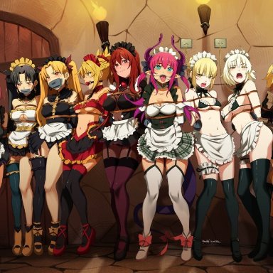 1boy, 6+girls, 9girls, artoria pendragon (all), astolfo (fate), ball gag, black hair, blonde hair, blush, bondage, breasts, chains, cleavage, elizabeth bathory (fate) (all), ereshkigal (fate/grand order)