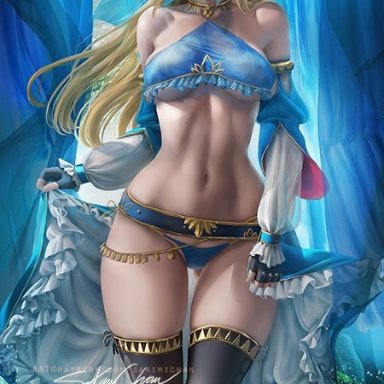 1girls, abs, blonde hair, blue eyes, breasts, breath of the wild, cleavage, female, female only, looking at viewer, nintendo, panties, pinup, princess zelda, sakimichan