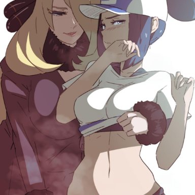 2girls, abs, age difference, belly, big breasts, black hair, blonde hair, blue eyes, blue hair, blush, breasts, clothed, clothes, coat, cynthia (pokemon)