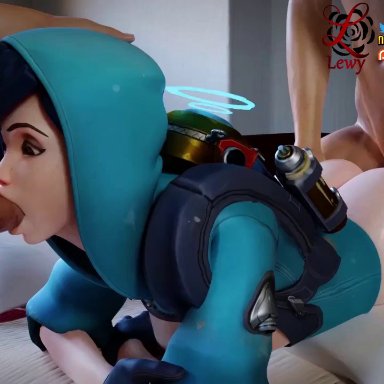 3d, animated, bed, black hair, blender, blowjob, double penetration, gloves, graffiti tracer, hood, hoodie, lewy, overwatch, penetration, penis