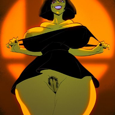 2019, banjo-kazooie, big breasts, black dress, breasts, busrit, curvy, female, game over gruntilda, green skin, gruntilda, hairy pussy, huge breasts, no panties, pussy