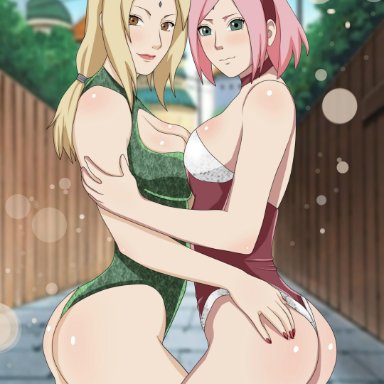 2girls, ass, blonde hair, boruto: naruto next generations, breasts, brown eyes, cleavage, clothed, female, female only, green eyes, human, naruto, naruto (series), patreon
