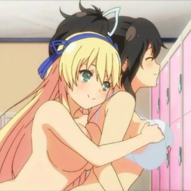 2girls, animated, asuka (senran kagura), big breasts, black hair, blonde hair, bra, breast grab, breast groping, breasts, female only, green eyes, groping, groping breasts, groping from behind