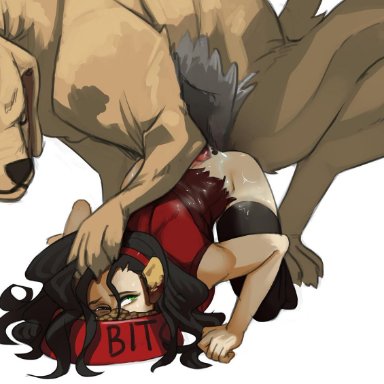 1boy, 1girls, asami sato, ass, avatar the last airbender, bent over, black hair, bottomless, bowl, brown fur, canine, canine penis, closed eyes, cum, cum on ass