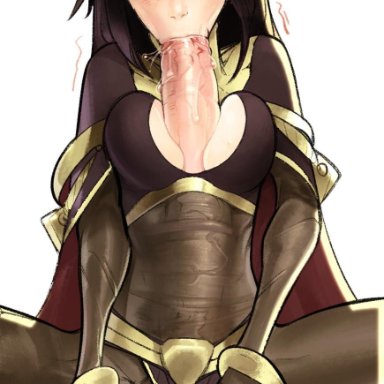 autofellatio, between breasts, black hair, bodysuit, cleavage cutout, erection under clothes, fire emblem, fondling balls, futanari, huge cock, ickleseed, nintendo, self fondle, self sucking, skin tight