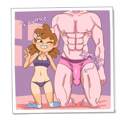 1boy, 1girls, abs, aged up, amy gillis, ass visible through thighs, big penis, blinking, bra, brown hair, clarence, female, fit, head grab, kneehighs