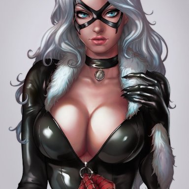 1boy, 1boy1girl, 1girls, assisted exposure, beauty mark, big breasts, black cat (marvel), blue eyes, bodysuit, breasts, busty, choker, cleavage, clothing, collar