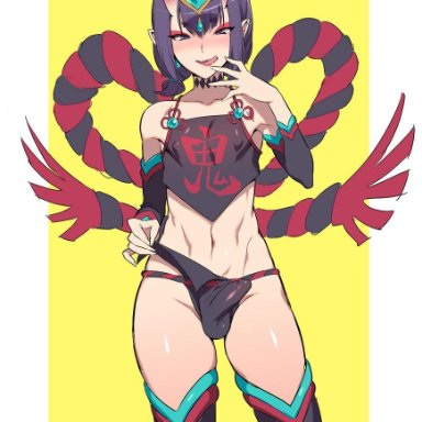 1boy, crossdressing, erection in panties, fate (series), fate/grand order, genderswap (ftm), horns, oni, penis under clothes, purple hair, shuten douji (fate/grand order), simple background, solo, tagme, thighs