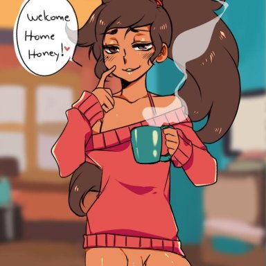 balls, bottomless, coffee mug, dialogue, femboy, long hair, male, marco diaz, mr poritan, penis, princess marco, star vs. the forces of evil, sweater, thighhighs, trap