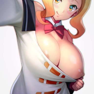 areolae, blonde hair, blush, bowtie, breasts, breasts outside, clothed, flashing, kono subarashii sekai ni shukufuku wo!, looking at viewer, luna (konosuba), nipples, tagme, tongue, yellow eyes