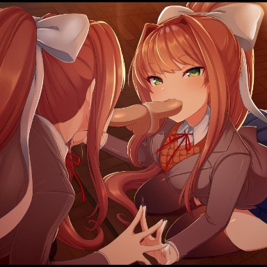 1girls, artist name, brown hair, dildo, doki doki literature club, fellatio, female, female only, green eyes, hair, hair ornament, looking at viewer, merunyaa, mirror, monika